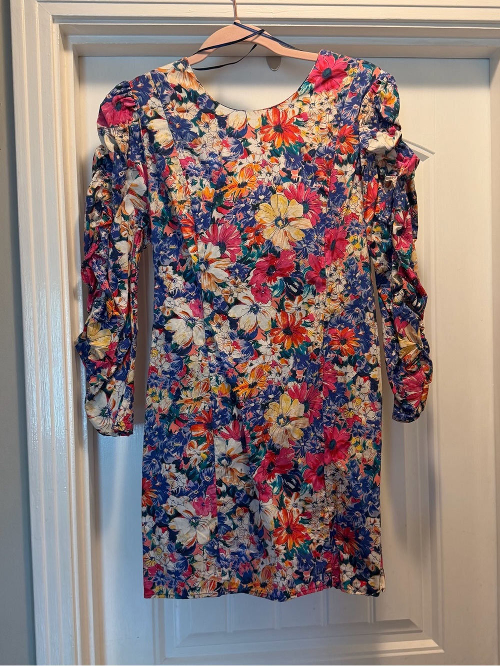 Zara Floral Puff-Sleeve Shift Dress in Multicolor